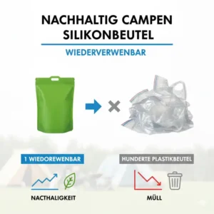 Vergleich zwischen Einwegplastik und nachhaltigen, wiederverwendbaren Silikonbeutel Camping.