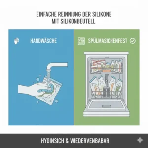 Darstellung der einfachen Reinigung für hygienische silikonbeutel gefrierschrank geeignet in der Spülmaschine.