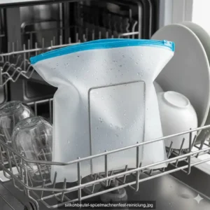 Ein geöffneter Silikonbeutel Sporternährung in der Spülmaschine für eine hygienische Reinigung.