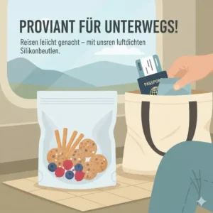 Luftdichte silikonbeutel für reisen gefüllt mit Snacks und Proviant für unterwegs.