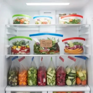 Platzsparende und übersichtliche Lagerung von Gemüse in einem Silikonbeutel fürs Meal Prep im Kühlschrank.