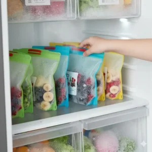 Frisches Obst im Gefrierfach, sicher aufbewahrt im Silikonbeutel kindgerecht.