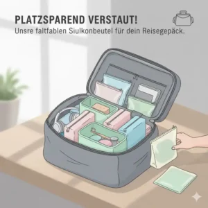 Platzsparende und faltbare silikonbeutel für reisen im Reisegepäck.