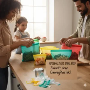 Eine Familie nutzt nachhaltige Silikonbeutel fürs Meal Prep als umweltfreundliche Alternative zu Plastiktüten.