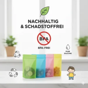 Infografik über nachhaltige und schadstofffreie Silikonbeutel kindgerecht für Familien.