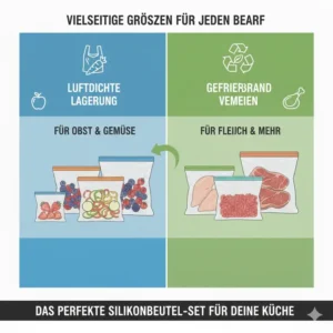 Übersicht der verschiedenen verfügbaren Größen für das Set der silikonbeutel gefrierschrank geeignet.