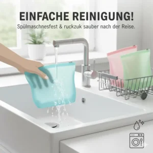 Einfache Reinigung der silikonbeutel für reisen im Waschbecken nach der Benutzung.