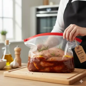 Fleisch wird mit Kräutern und Sauce in einem Silikonbeutel fürs Meal Prep für die optimale Aromaentfaltung mariniert.