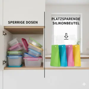 Vergleich zwischen sperrigen Dosen und dem Silikonbeutel kindgerecht zur Platzersparnis.