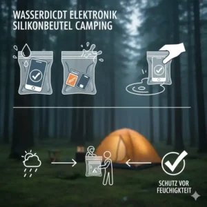Silikonbeutel Camping als wasserdichter Schutz für Smartphone und Elektronik beim Zelten.