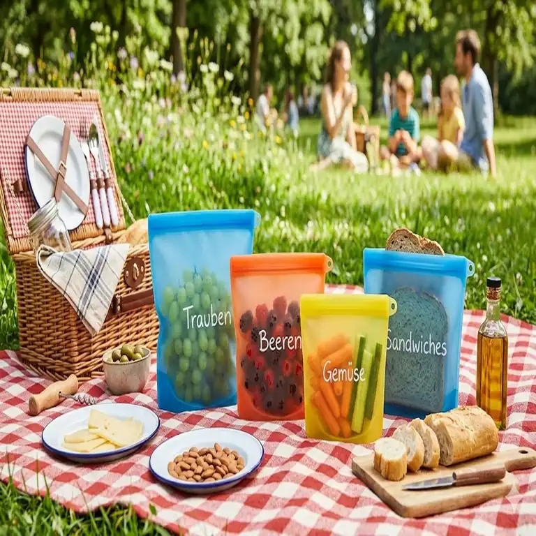 Ein Set bunter silikonbeutel picknick gefüllt mit Snacks auf einer Picknickdecke.