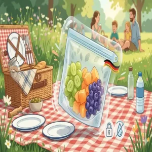 Ein auslaufsicherer silikonbeutel picknick gefüllt mit frischem Obst.