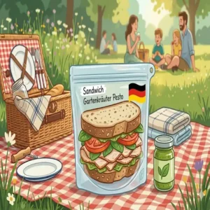 Ein frisches Sandwich verpackt in einem silikonbeutel picknick für unterwegs.
