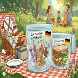 Ein kühler silikonbeutel picknick mit gefrorenen Snacks für heiße Tage.