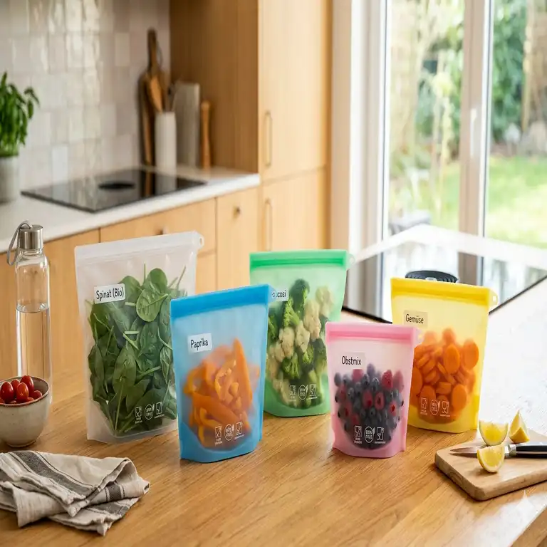 Ein Set bunter lebensmittelechte silikonbeutel für die moderne Küche.