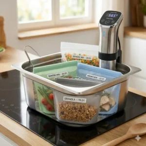 hitzebeständige silikonbeutel beim Sous-Vide-Garen in einem Topf mit heißem Wasser in der Küche.