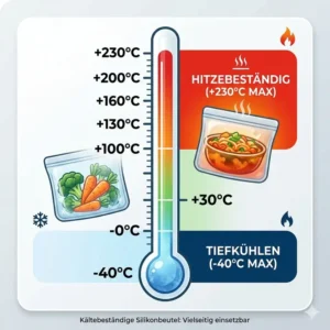Infografik über kältebeständige silikonbeutel und deren extremen temperaturbereich.