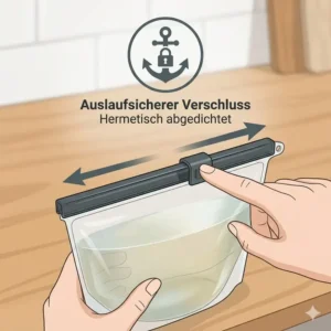 Nahaufnahme eines hochwertige silikonbeutel mit auslaufsicherem Verschluss für Flüssigkeiten.