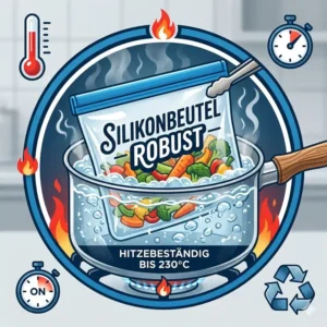 Infografik zur Hitzebeständigkeit: silikonbeutel robust im Einsatz bei kochendem Wasser.