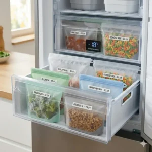 Platzsparende Organisation im Gefrierschrank mit beschrifteten hitzebeständige silikonbeutel.
