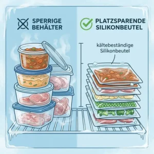 Platzsparende lagerung durch kältebeständige silikonbeutel im modernen kühlschrank