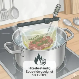 Illustration eines hitzebeständigen hochwertige silikonbeutel im Topf mit kochendem Wasser.