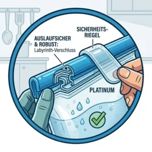 Detailansicht des robusten und auslaufsicheren Verschlussmechanismus eines silikonbeutel robust.