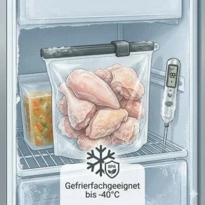 Mehrere hochwertige silikonbeutel ordentlich gestapelt im Gefrierschrank zur Lagerung.