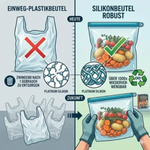 Vergleich zwischen Einwegplastik und einem langlebigen silikonbeutel robust für mehr Nachhaltigkeit.
