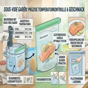 Professionelles Sous-Vide-Garen mit Fisch und Gemüse in lebensmittelechte silikonbeutel.