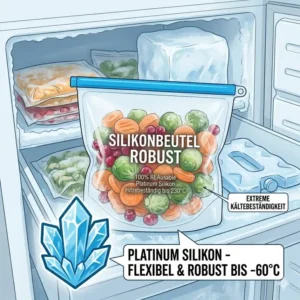 Illustration eines silikonbeutel robust, der trotz extremer Kälte im Gefrierfach flexibel und robust bleibt.