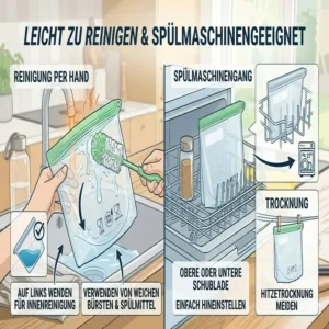 Anleitung zur einfachen Reinigung der lebensmittelechte silikonbeutel in der Spülmaschine.