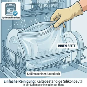 Einfache reinigung für kältebeständige silikonbeutel in der spülmaschine.