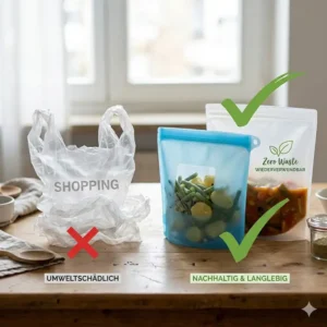 Vergleich zwischen Einweg-Plastiktüten und nachhaltigen hitzebeständige silikonbeutel für Zero Waste.