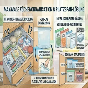 Optimale Platzersparnis und Ordnung im Kühlschrank durch lebensmittelechte silikonbeutel.