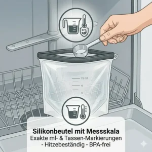 Detailansicht der praktischen Messskala auf einem transparente hochwertige silikonbeutel.
