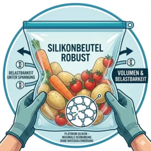 Darstellung der Dehnbarkeit und Belastbarkeit bei maximaler Füllmenge eines silikonbeutel robust.