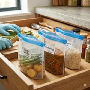 Vorbereitete Mahlzeiten in hitzebeständige silikonbeutel für effizientes Meal Prepping unter der Woche.