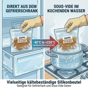 Kältebeständige silikonbeutel beim einsatz im wasserbad für sous-vide garen.