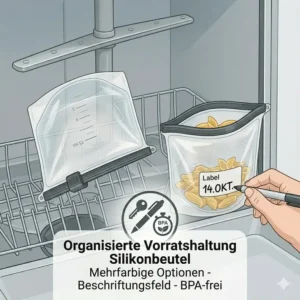 Organisierte Vorratshaltung und Beschriftung der hochwertige silikonbeutel in der Küche.