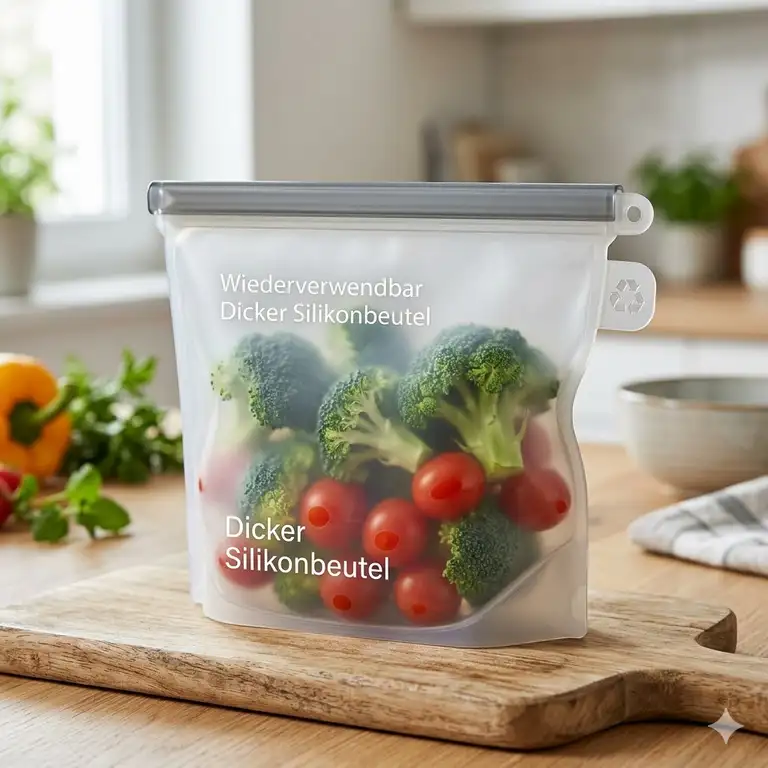 Ein hochwertiger dicker silikonbeutel gefüllt mit frischem Gemüse in einer modernen Küche.