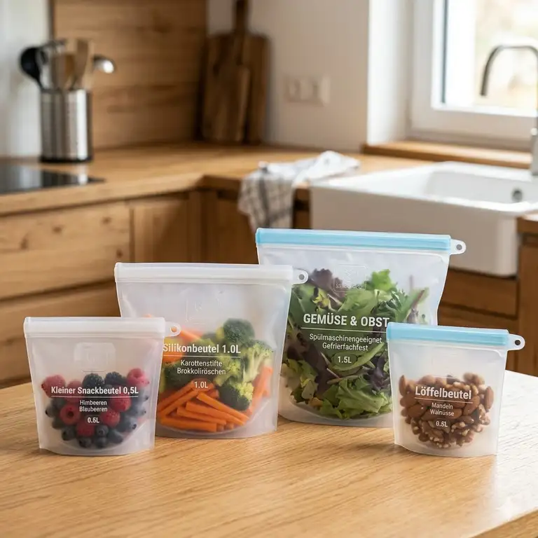 A professional set of reusable silikonbeutel mit zip verschluss in a modern kitchen.