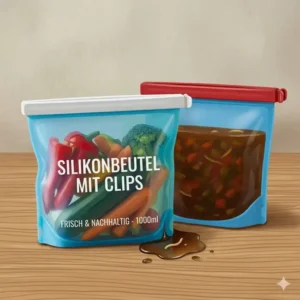 Auslaufsicherer Silikonbeutel mit Clips gefüllt mit Suppe zur Demonstration der Abdichtung.