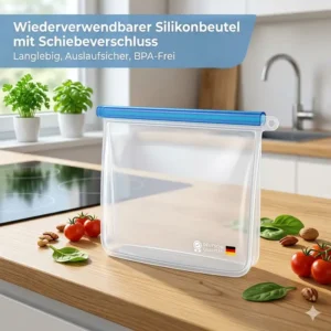 Auslaufsicherer silikonbeutel mit schiebeverschluss gefüllt mit Wasser zur Demonstration der Dichtigkeit.