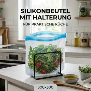 Verstellbare Halterung für Silikonbeutel zum einfachen Befüllen ohne Verschütten.