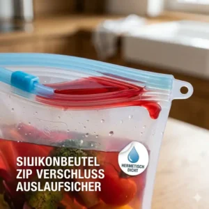 Graphic illustration of a heat-resistant silikonbeutel mit zip verschluss being safely used in boiling water.