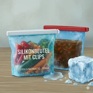 Gefriergeeignete Silikonbeutel mit Clips ordentlich gestapelt mit eingefrorenem Gemüse.