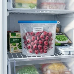 Transparenter silikonbeutel mit schiebeverschluss mit eingefrorenen Beeren im Gefrierfach.