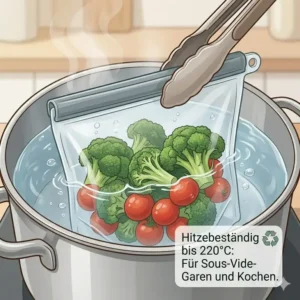 Ein dicker silikonbeutel im kochenden Wasser zur Demonstration der Hitzebeständigkeit.