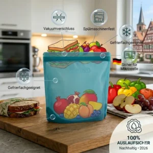 Eine Illustration zeigt einen Silikonbeutel auslaufsicher gefüllt mit Suppe ohne jegliches Auslaufen.